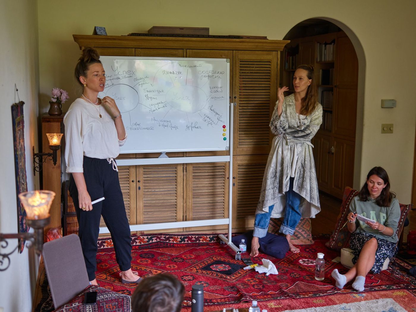 A relaxed facilitated workshop with a whiteboard mind-map